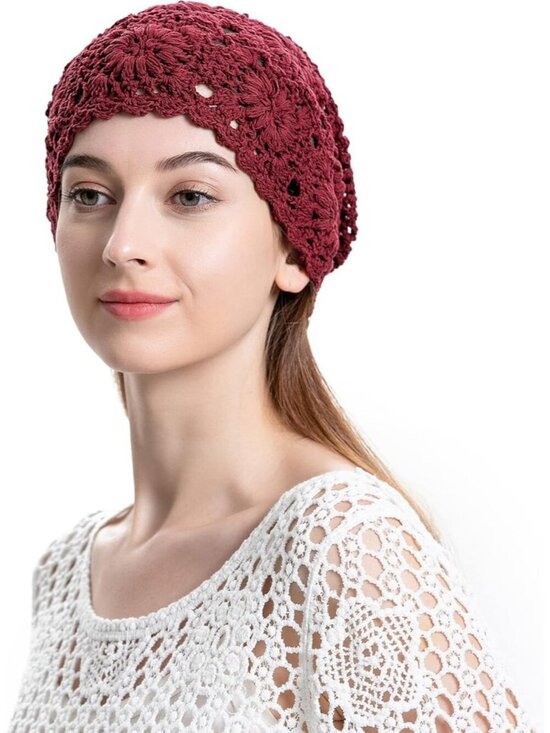 Women\'s Cotton Crochet Slouchy Beanie Hat Knit Summer Skull Cap Burgundy Red
